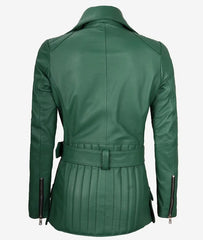 Women's Green Leather Jacket Belted Biker Style