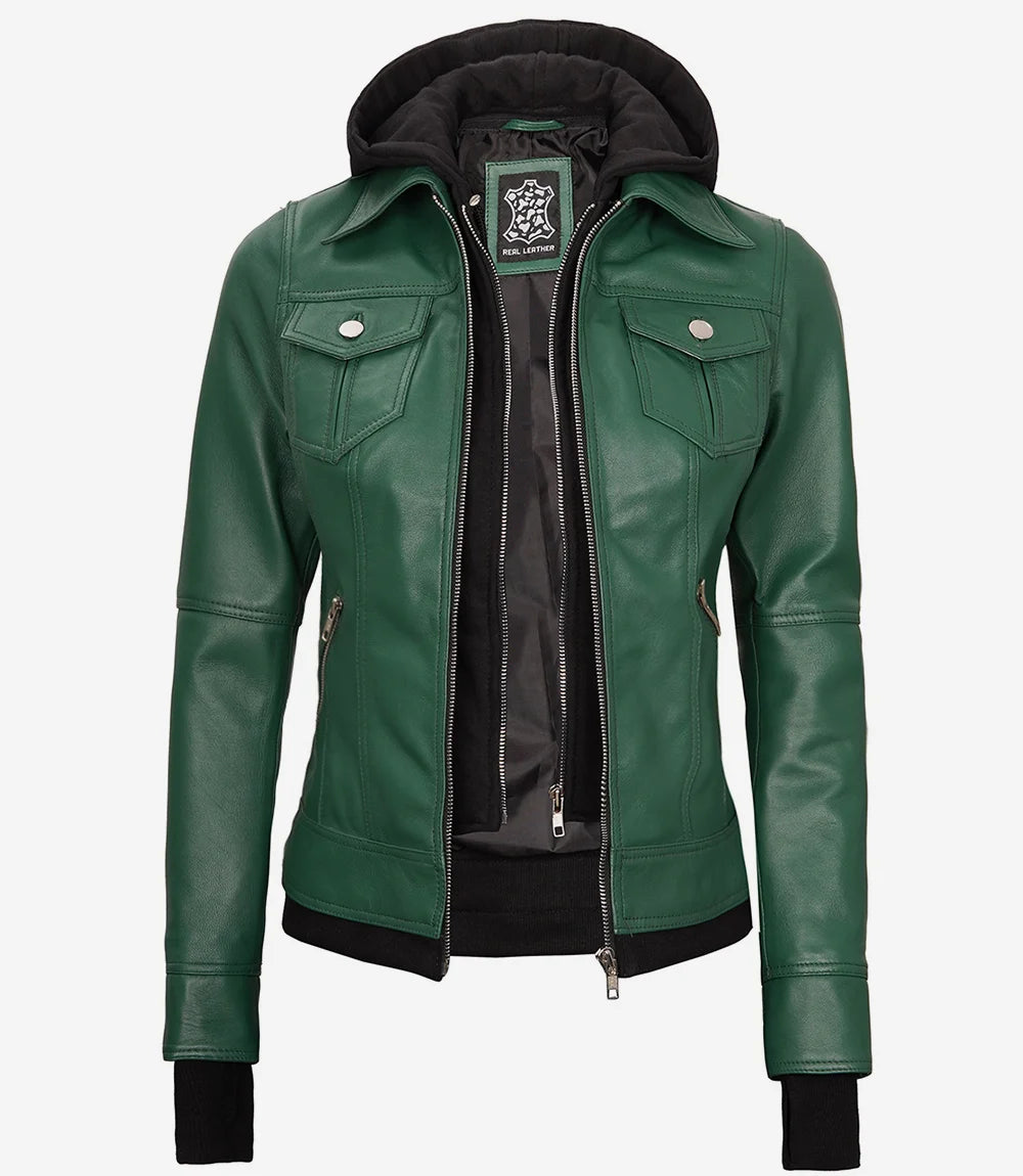 Essence Women Green Bomber Leather Jacket with Hood