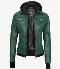 Women's Green Leather Bomber Jacket with Removable Hood