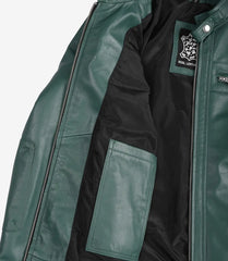 Women's Green Leather Biker Jacket Quilted Shoulder