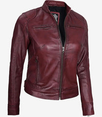 Women's Burgundy Real Leather Jacket Biker Style