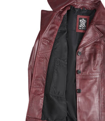 Women's Burgundy Leather Blazer with Three Buttons