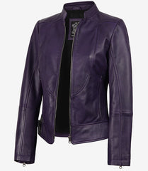 Women's Purple Leather Jacket with Modern Fit Biker Style
