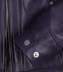 Women's Purple Real Leather Biker Jacket with Quilted Shoulders