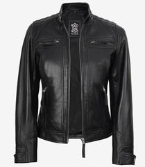 Women's Black Leather Biker Jacket with Quilted Shoulders