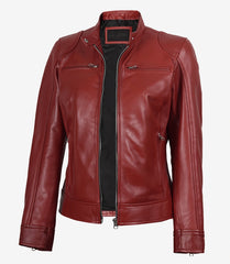Women's Red Real Leather Jacket in Biker Style