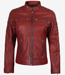 Women's Red Waxed Leather Jacket in Biker Style