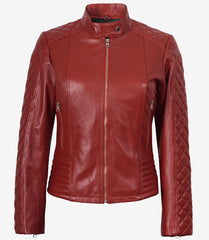 Women's Red Real Leather Quilted Biker Jacket