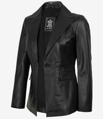 Women's Black Leather Blazer with Single Button and Peak Lapel