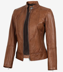 Women's Tan Waxed Leather Biker Jacket in a Slim-Fit Silhouette