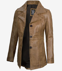 Women's Camel Brown Leather Blazer with Three Buttons