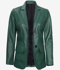 Women's Green Leather Blazer with Two Buttons