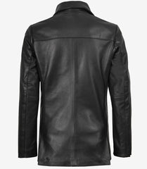 Women's Black Leather Blazer with Two Buttons and Notch Lapel