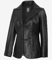 Women's Premium Black Leather Blazer with Two Buttons