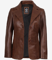 Women's Cognac Real Leather Blazer with Two Buttons and Notch Lapel