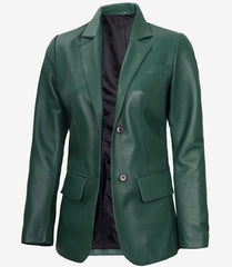 Women's Green Leather Blazer with Two Buttons