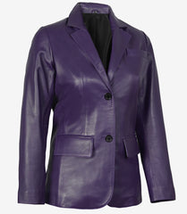 Women's Purple Leather Blazer with Two Buttons and Notch Lapel