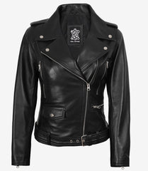Marcella Women's Black Leather Jacket with Asymmetrical Biker Design