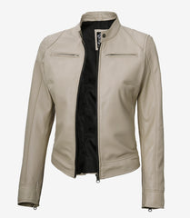 Dodge Women's Beige Leather Jacket in Biker Style