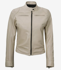 Dodge Women's Beige Leather Jacket in Biker Style