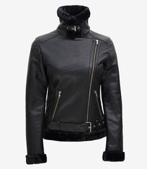 Women's Black Leather Biker Jacket Trimmed with Shearling