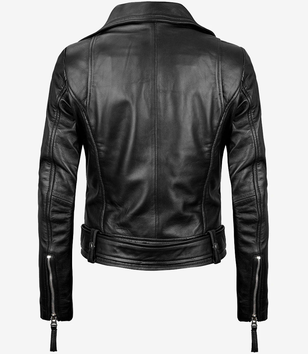 Ride-Ready Women's Black Leather Motorcycle Jacket – Crossover Zip
