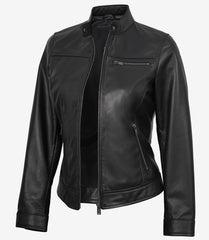 Women's Black Lambskin Leather Jacket in Biker Style