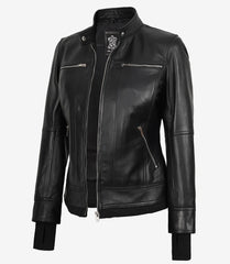 Women's Black Real Leather Bomber Jacket