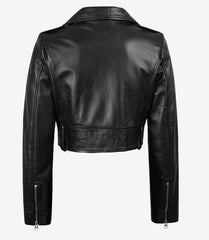 Women's Black Cropped Leather Jacket with Asymmetrical Biker Style