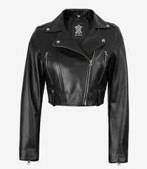 Women's Black Cropped Leather Jacket with Asymmetrical Biker Style