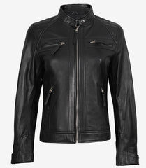 Women's Petite Black Quilted Leather Jacket - Biker Style