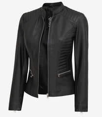 Women's Petite Black Leather Jacket in Biker Style
