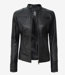 Dodge Women's Petite Black Real Leather Jacket - Biker Style