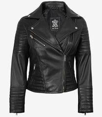 Women's Black Genuine Leather Biker Jacket with an Asymmetrical Front