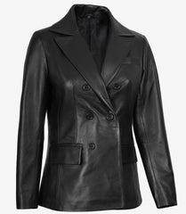 Women's Double-Breasted Black Leather Coat with Notch Lapel Collar
