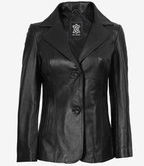 Women's Premium Black Leather Blazer with Two Buttons