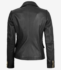 Kim Women's Black Leather Blazer with Double-Breasted Front