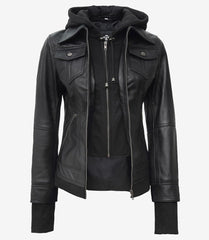 Women's Tall Black Bomber Leather Jacket with Detachable Hood