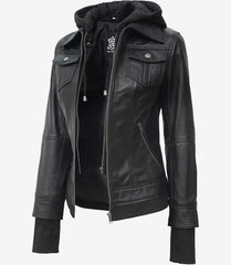 Women's Tall Black Bomber Leather Jacket with Detachable Hood
