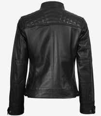 Women's Petite Black Quilted Leather Jacket - Biker Style