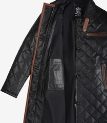 Glen Women's Black Quilted Leather Car Coat with Brown Detailing