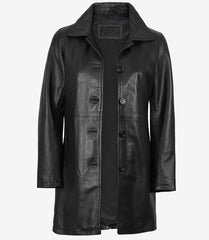 Women's Real Leather Black Car Coat in 3/4 Length