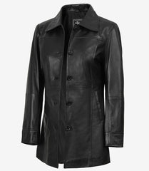 Women's Black Leather Button Down Coat in 3/4 Length