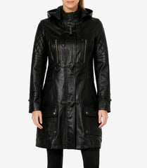 Women's Black Leather Hooded Coat in 3/4 Length