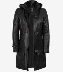 Women's Black Leather Hooded Coat in 3/4 Length
