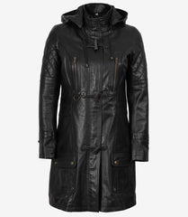Women's Black Leather Hooded Coat in 3/4 Length