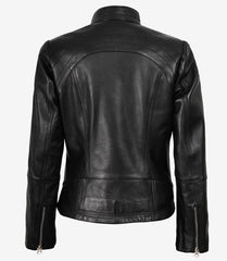 Acerra Women's Slim Fit Black Leather Jacket in Biker Style