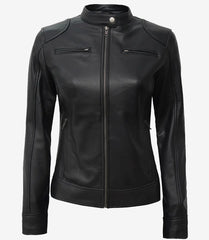Dodge Women's Petite Black Real Leather Jacket - Biker Style