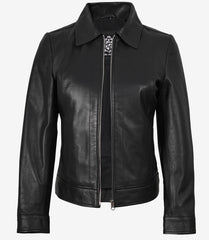Jose Women's Black Leather Harrington Jacket with Shirt Collar