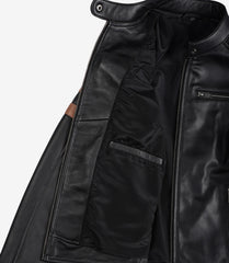 Women's Black Leather Biker Jacket with Cognac Stripe Detail